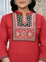 Thumbnail for Yufta Maroon Cotton Mandarin Collar Kurta Dupatta Set