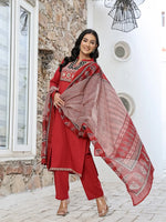 Thumbnail for Yufta Maroon Cotton Mandarin Collar Kurta Dupatta Set