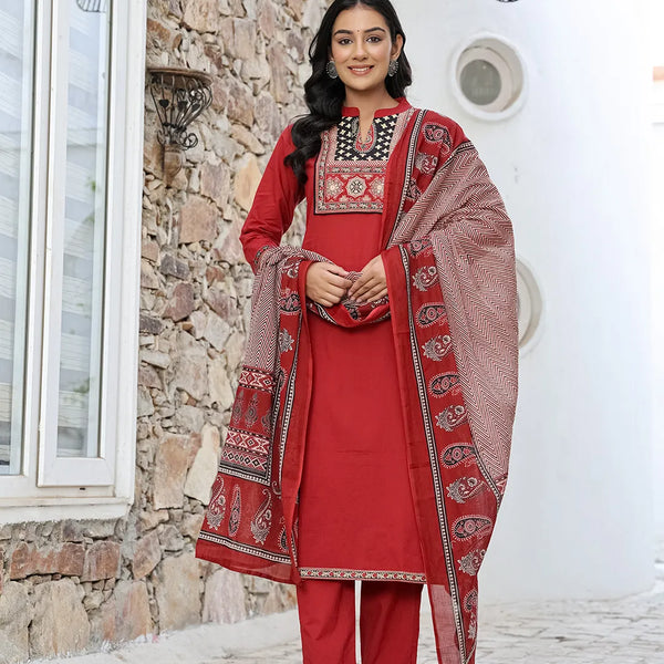 Yufta Maroon Cotton Mandarin Collar Kurta Dupatta Set - Distacart