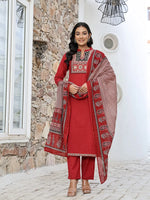 Thumbnail for Yufta Maroon Cotton Mandarin Collar Kurta Dupatta Set