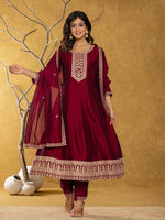 Thumbnail for Yufta Maroon Embroidered Anarkali Kurta Dupatta Set With Cotton Lining