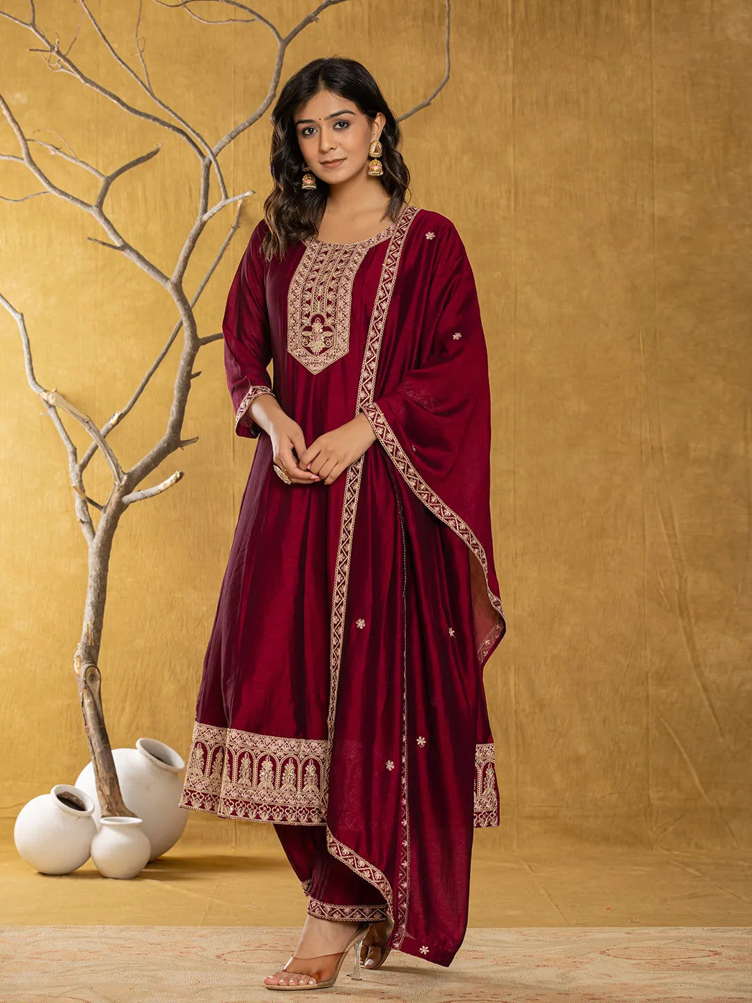 Yufta Maroon Embroidered Anarkali Kurta Dupatta Set With Cotton Lining