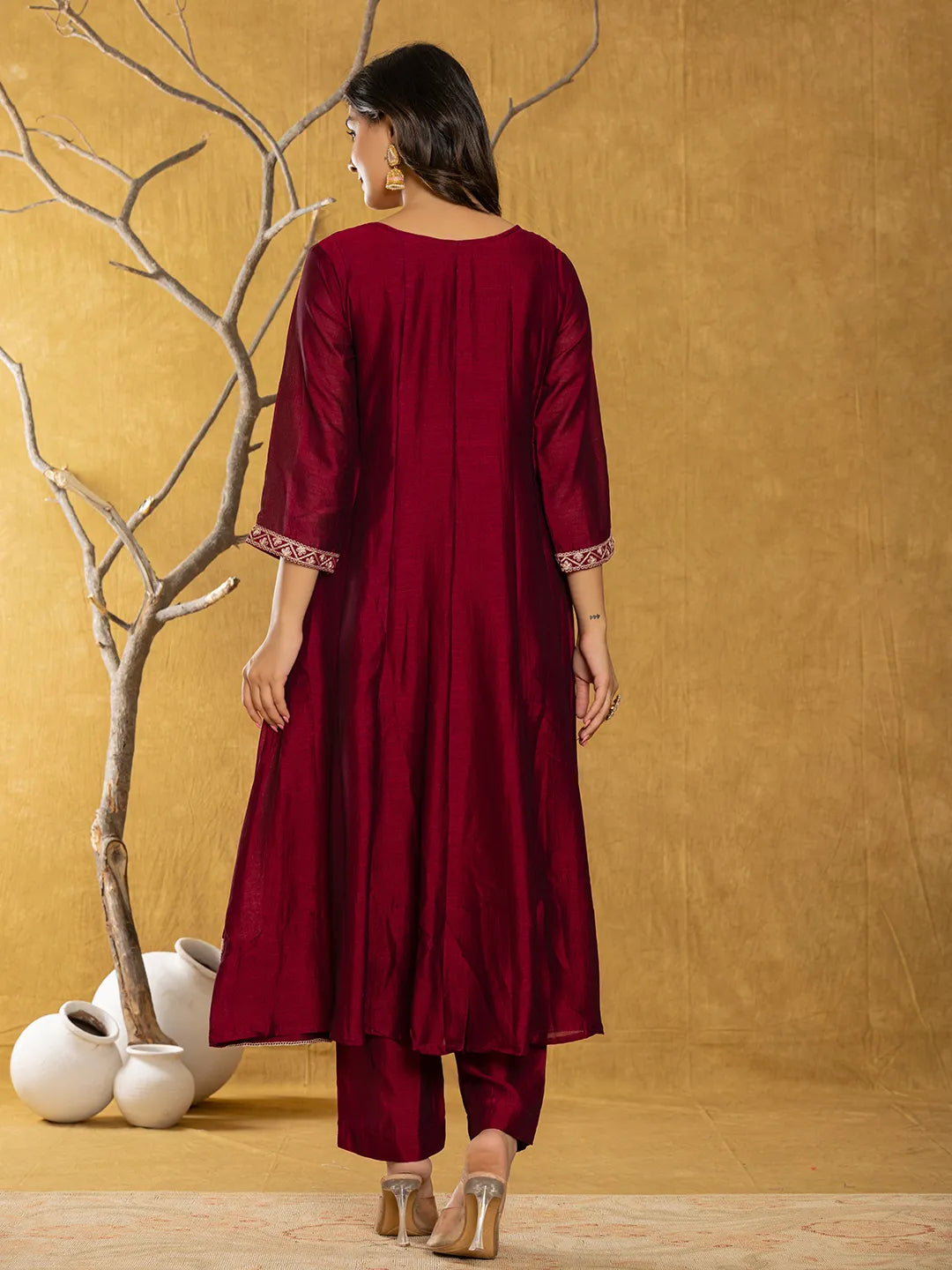 Yufta Maroon Embroidered Anarkali Kurta Dupatta Set With Cotton Lining
