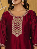 Thumbnail for Yufta Maroon Embroidered Anarkali Kurta Dupatta Set With Cotton Lining