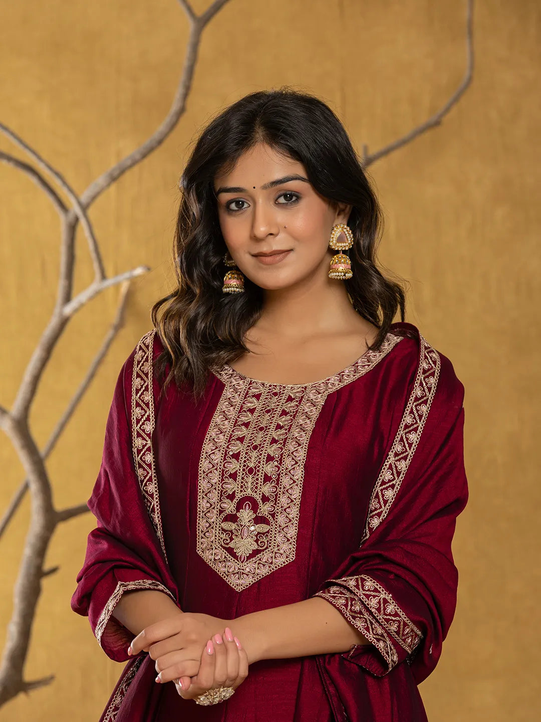 Yufta Maroon Embroidered Anarkali Kurta Dupatta Set With Cotton Lining