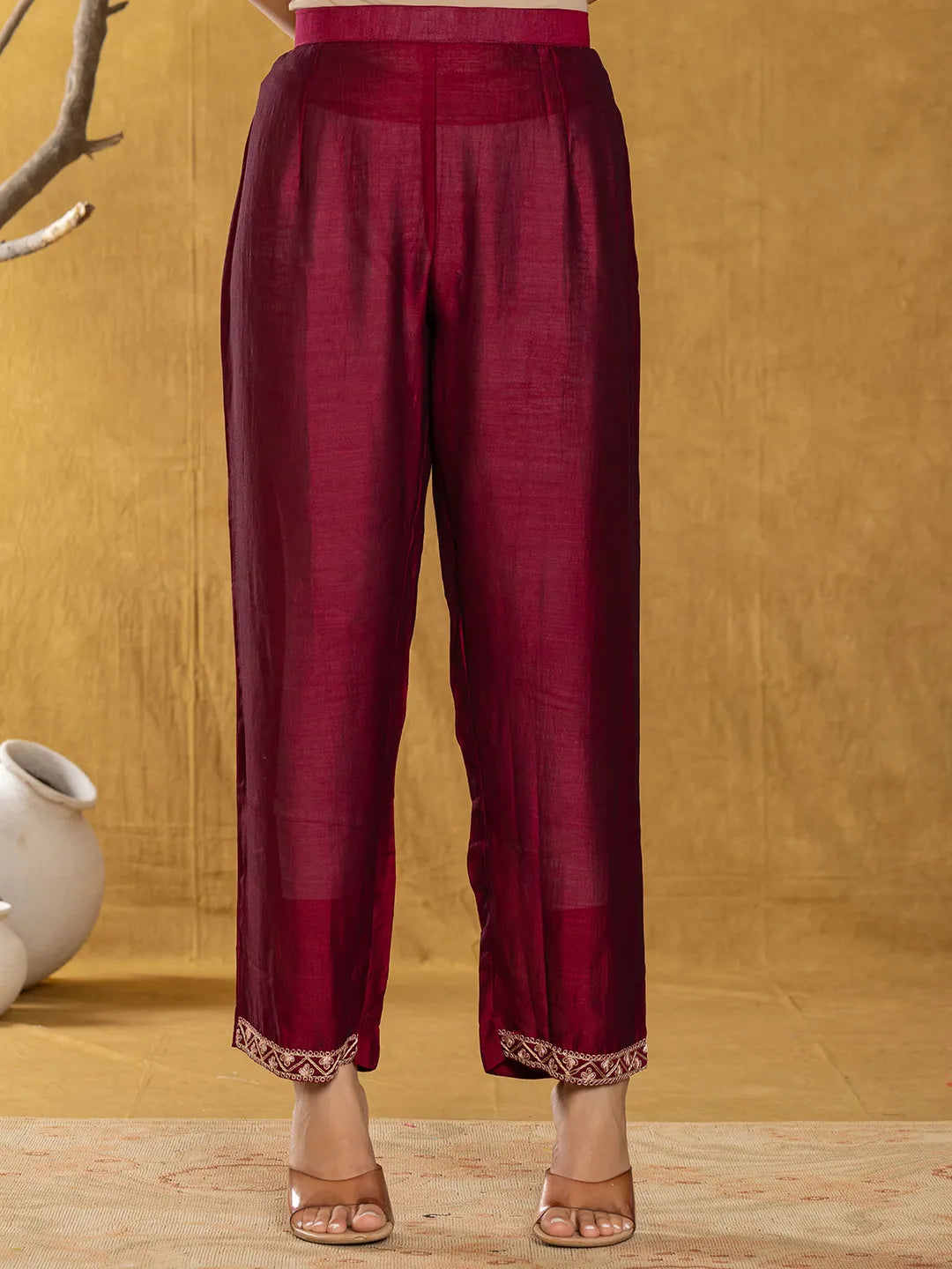 Yufta Maroon Embroidered Anarkali Kurta Dupatta Set With Cotton Lining