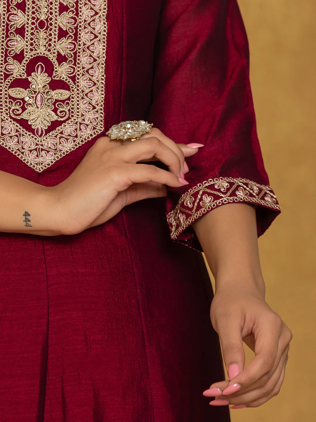 Yufta Maroon Embroidered Anarkali Kurta Dupatta Set With Cotton Lining