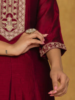Thumbnail for Yufta Maroon Embroidered Anarkali Kurta Dupatta Set With Cotton Lining