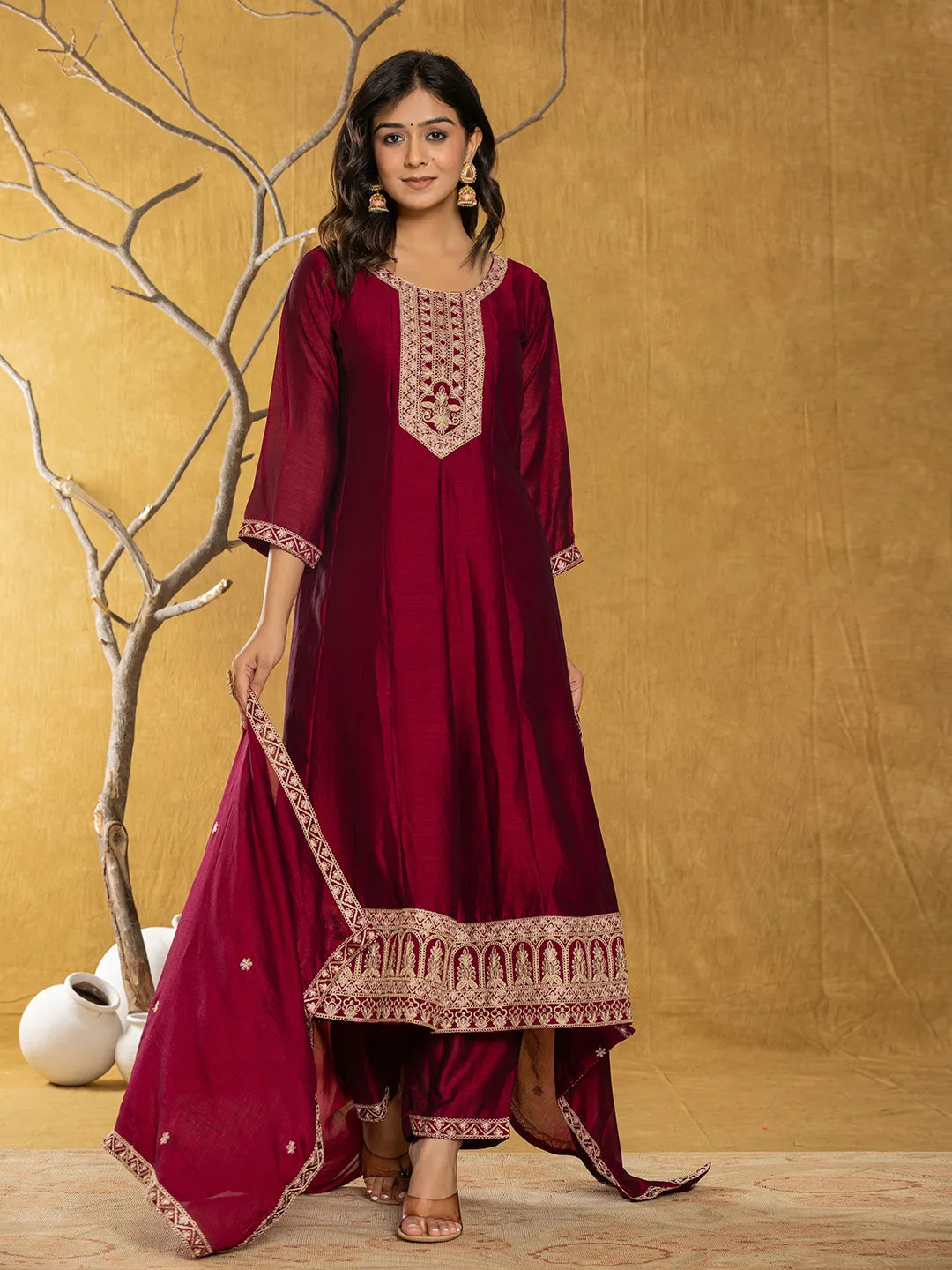 Yufta Maroon Embroidered Anarkali Kurta Dupatta Set With Cotton Lining - Distacart