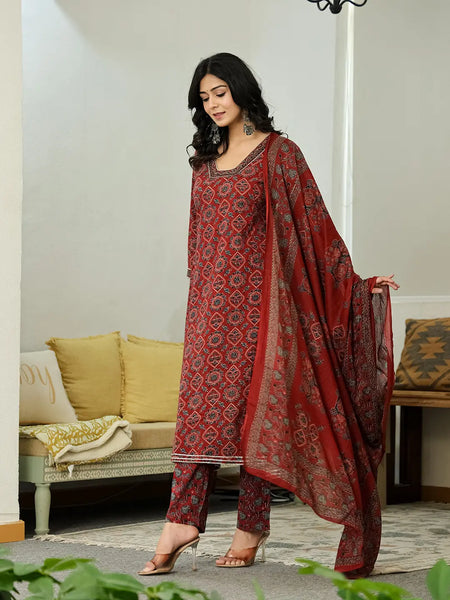 Yufta Maroon Ethnic Motifs A-Line Kurta Trouser Dupatta Set With Bucket Neck