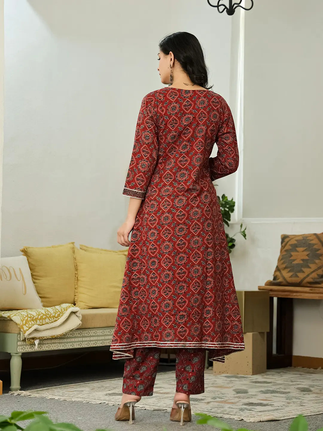 Yufta Maroon Ethnic Motifs A-Line Kurta Trouser Dupatta Set With Bucket Neck