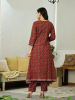 Thumbnail for Yufta Maroon Ethnic Motifs A-Line Kurta Trouser Dupatta Set With Bucket Neck