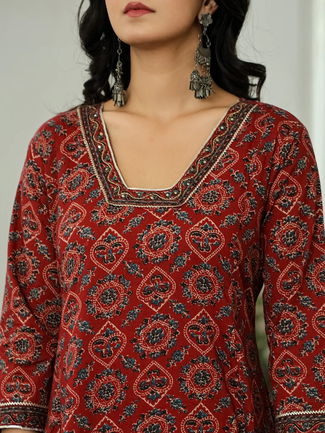 Yufta Maroon Ethnic Motifs A-Line Kurta Trouser Dupatta Set With Bucket Neck