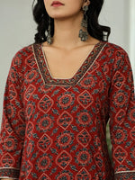 Thumbnail for Yufta Maroon Ethnic Motifs A-Line Kurta Trouser Dupatta Set With Bucket Neck