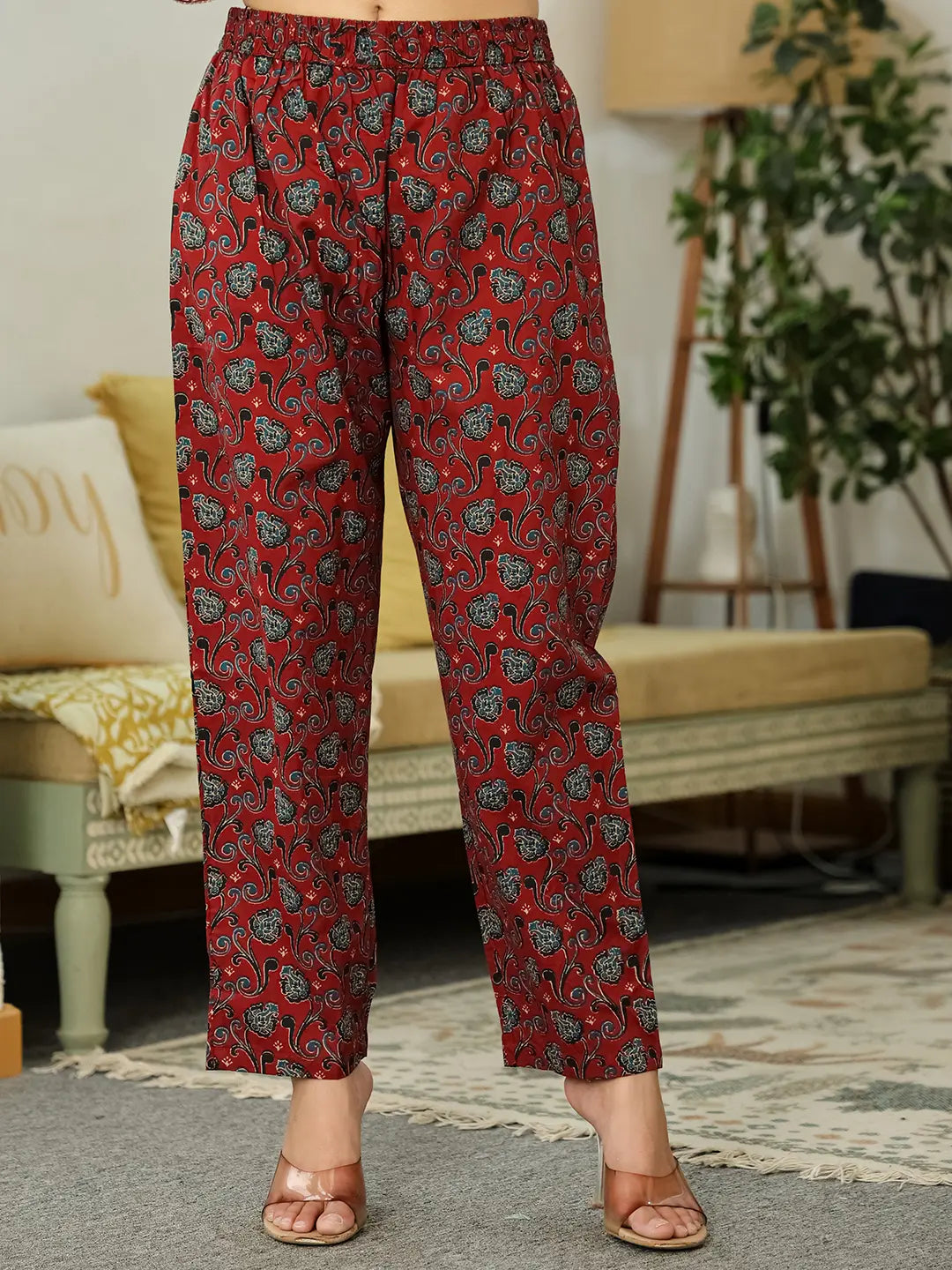 Yufta Maroon Ethnic Motifs A-Line Kurta Trouser Dupatta Set With Bucket Neck