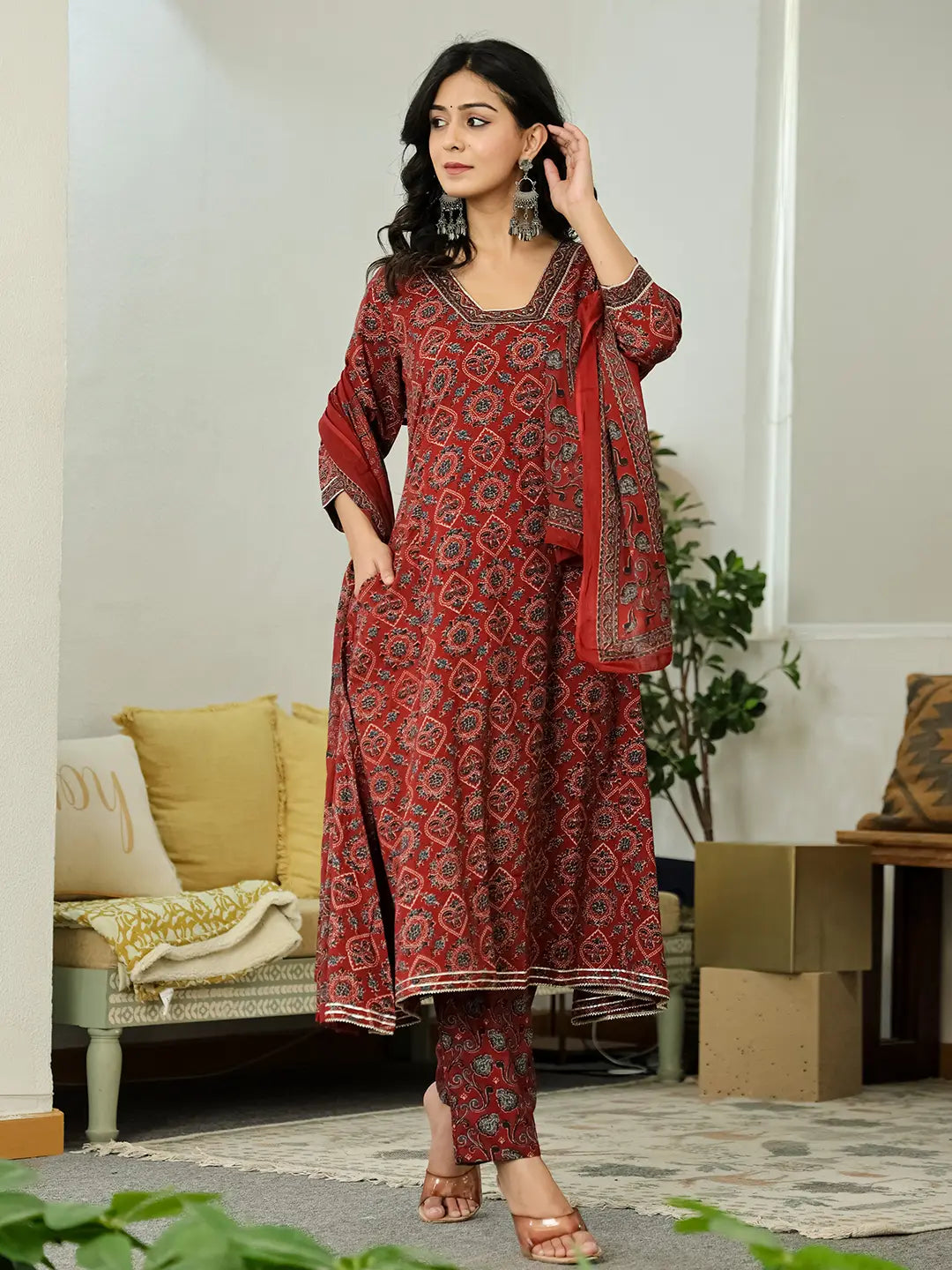 Yufta Maroon Ethnic Motifs A-Line Kurta Trouser Dupatta Set With Bucket Neck