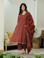Thumbnail for Yufta Maroon Ethnic Motifs A-Line Kurta Trouser Dupatta Set With Bucket Neck