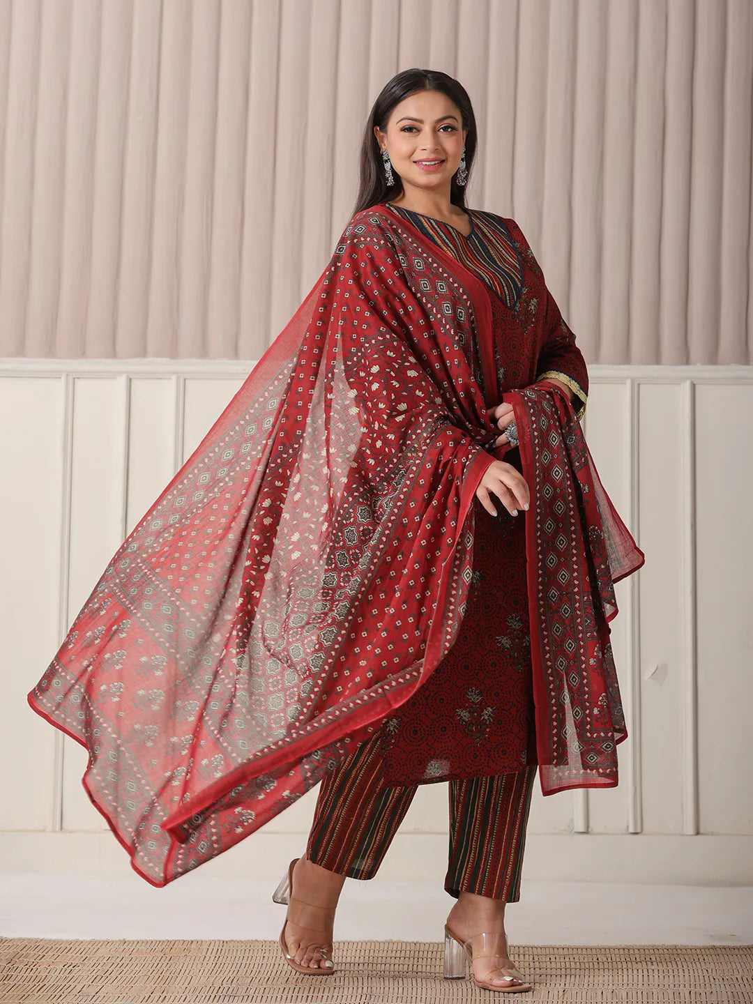 Yufta Maroon Floral Print Patch & Lace Work Plus Size Kurta Set With Pant & Dupatta - Distacart