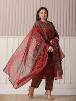 Thumbnail for Yufta Maroon Floral Print Patch & Lace Work Plus Size Kurta Set With Pant & Dupatta