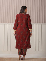 Thumbnail for Yufta Maroon Floral Print Patch & Lace Work Plus Size Kurta Set With Pant & Dupatta