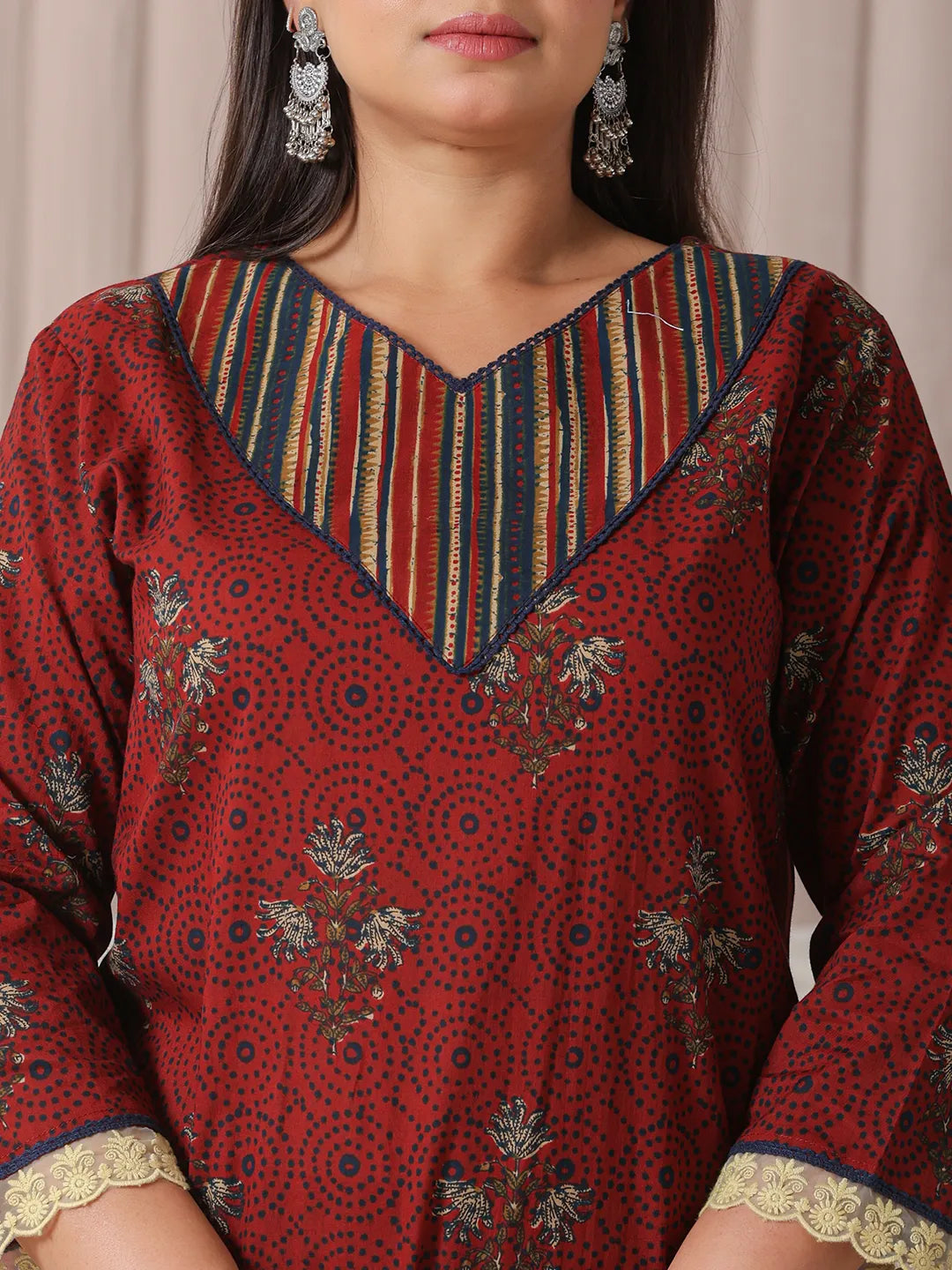 Yufta Maroon Floral Print Patch & Lace Work Plus Size Kurta Set With Pant & Dupatta