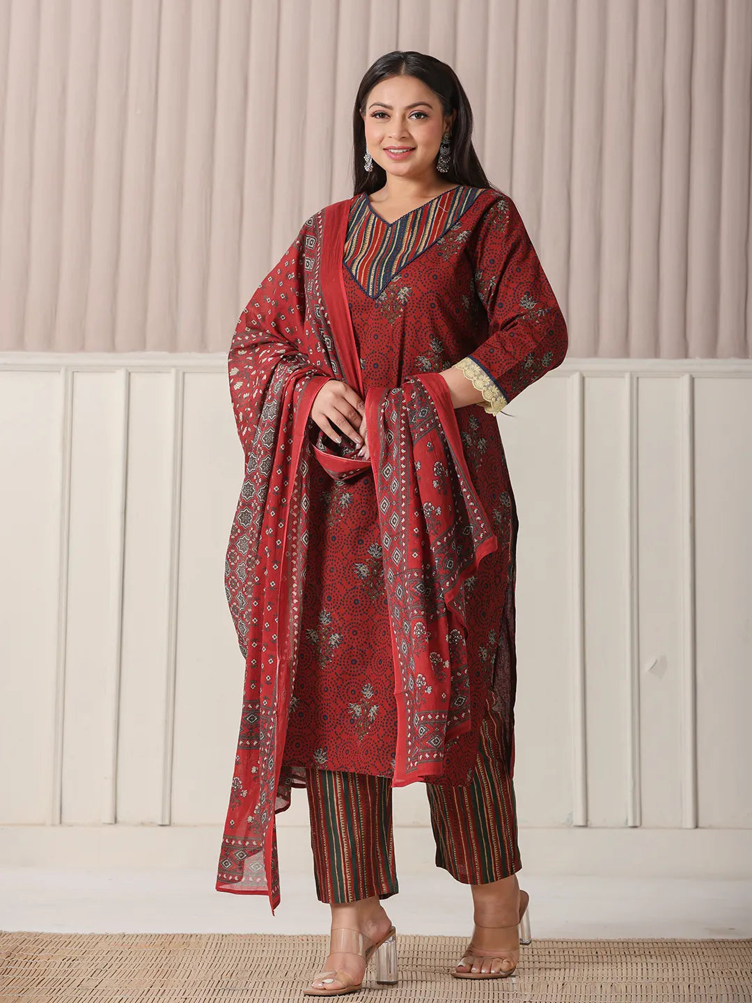 Yufta Maroon Floral Print Patch & Lace Work Plus Size Kurta Set With Pant & Dupatta