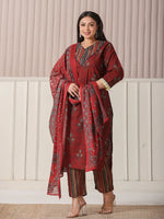 Thumbnail for Yufta Maroon Floral Print Patch & Lace Work Plus Size Kurta Set With Pant & Dupatta