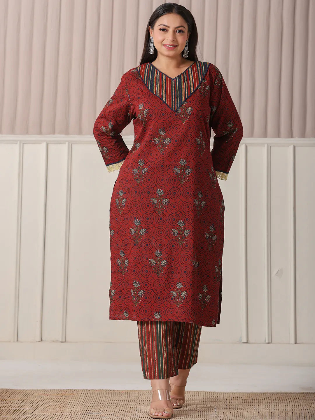 Yufta Maroon Floral Print Patch & Lace Work Plus Size Kurta Set With Pant & Dupatta
