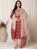 Thumbnail for Yufta Maroon Paisley Pure Cotton Straight Kurta And Trouser With Dupatta