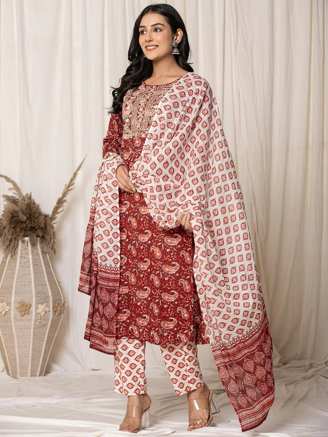 Yufta Maroon Paisley Pure Cotton Straight Kurta And Trouser With Dupatta