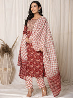 Thumbnail for Yufta Maroon Paisley Pure Cotton Straight Kurta And Trouser With Dupatta