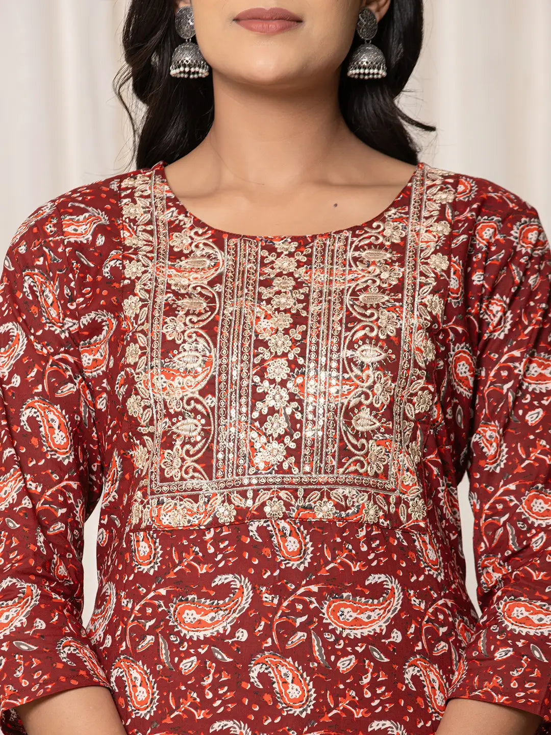 Yufta Maroon Paisley Pure Cotton Straight Kurta And Trouser With Dupatta
