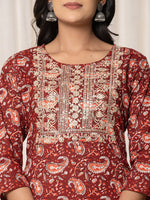 Thumbnail for Yufta Maroon Paisley Pure Cotton Straight Kurta And Trouser With Dupatta