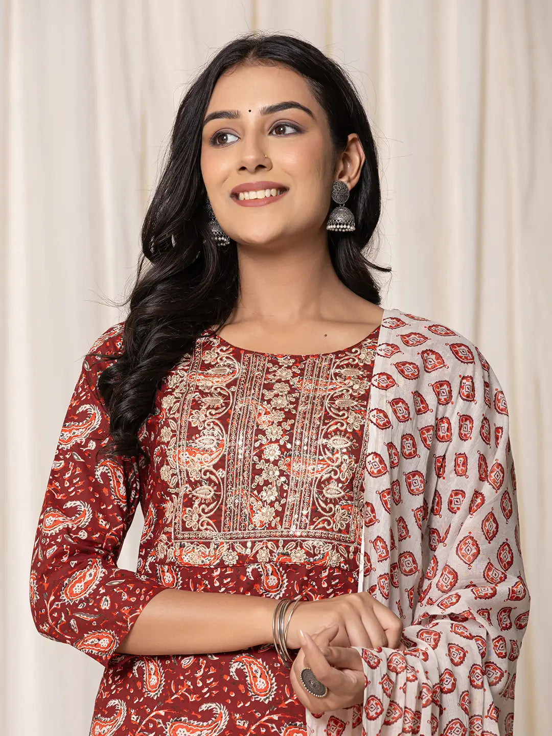 Yufta Maroon Paisley Pure Cotton Straight Kurta And Trouser With Dupatta