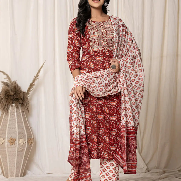 Yufta Maroon Paisley Pure Cotton Straight Kurta And Trouser With Dupatta - Distacart