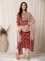 Thumbnail for Yufta Maroon Paisley Pure Cotton Straight Kurta And Trouser With Dupatta
