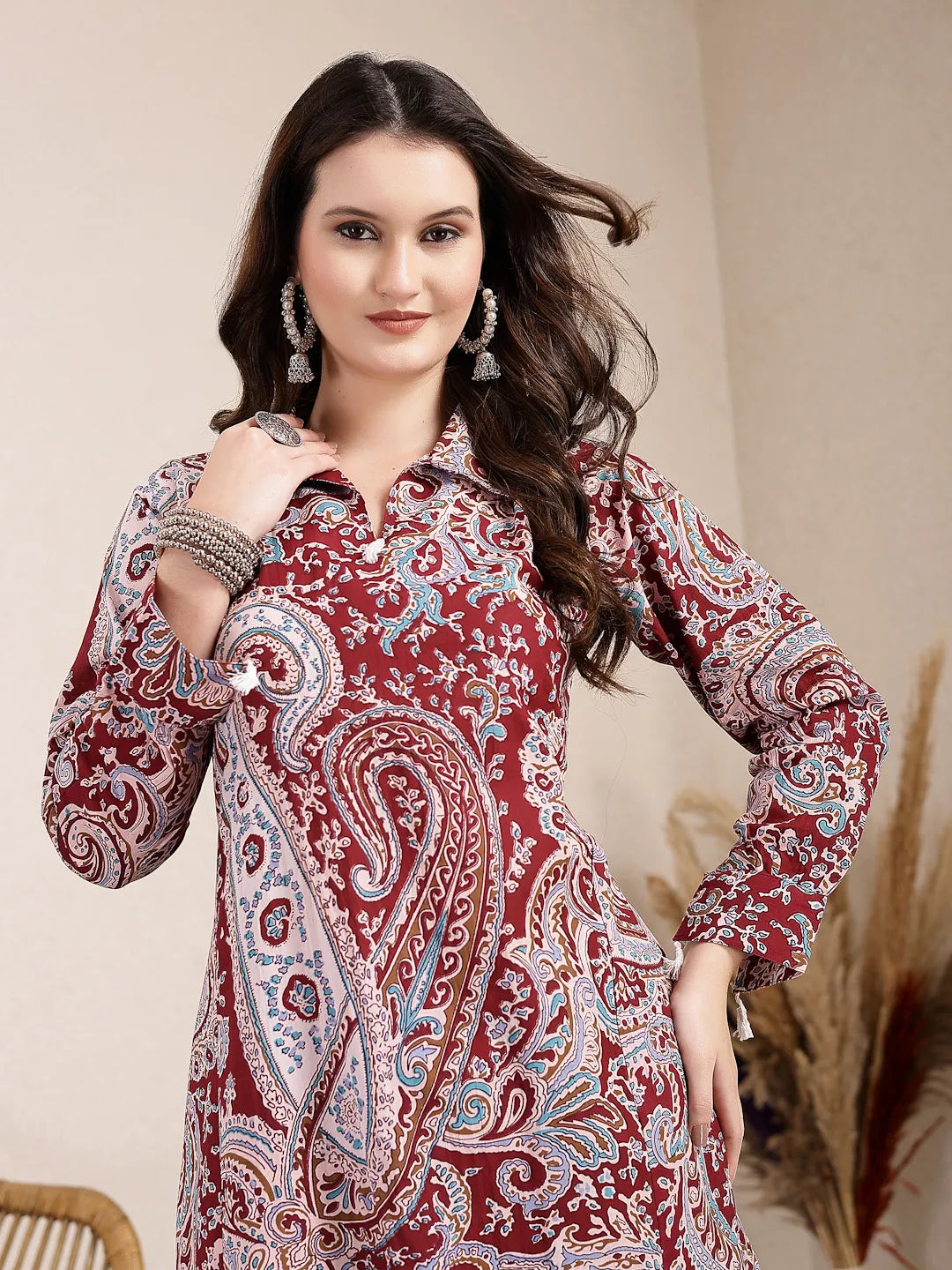 Yufta Maroon Pure Cotton Boho Print Co-Ord Set