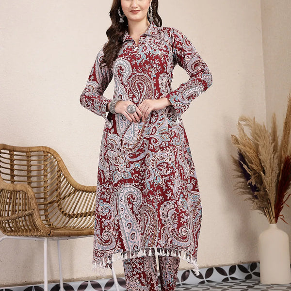 Yufta Maroon Pure Cotton Boho Print Co-Ord Set - Distacart