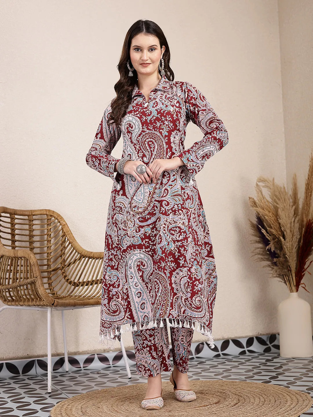Yufta Maroon Pure Cotton Boho Print Co-Ord Set - Distacart