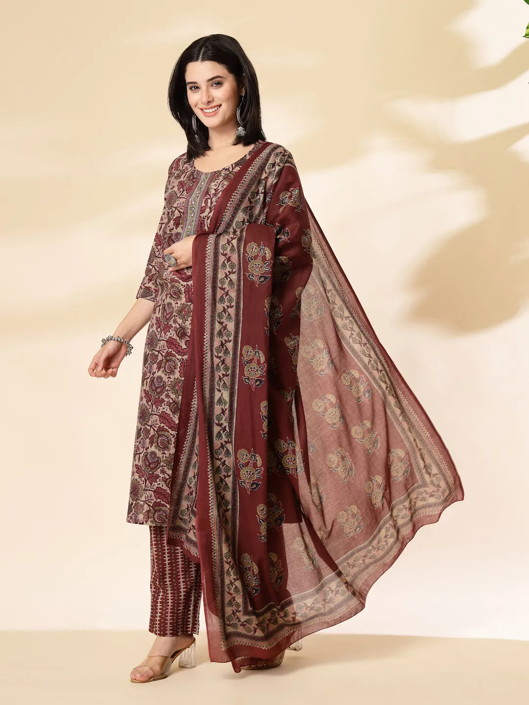 Yufta Maroon Pure Cotton Straight Kurta Dupatta Set - Distacart