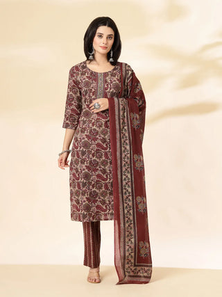 Yufta Maroon Pure Cotton Straight Kurta Dupatta Set