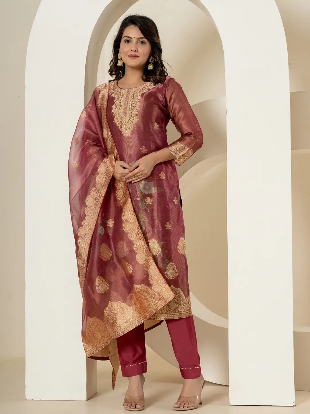 Yufta Maroon Tissue Kurta Dupatta Pant Set - Distacart