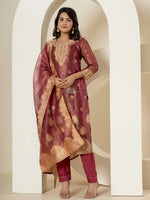 Thumbnail for Yufta Maroon Tissue Kurta Dupatta Pant Set