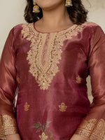 Thumbnail for Yufta Maroon Tissue Kurta Dupatta Pant Set