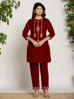 Thumbnail for Yufta Maroon Velvet Embroidered Co-Ord Set With Cotton Lining