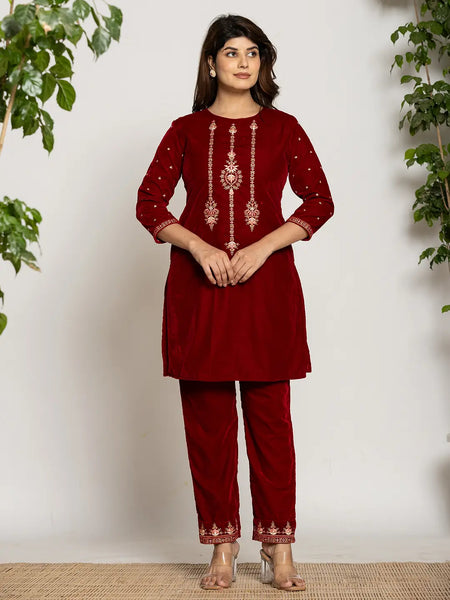 Yufta Maroon Velvet Embroidered Co-Ord Set With Cotton Lining