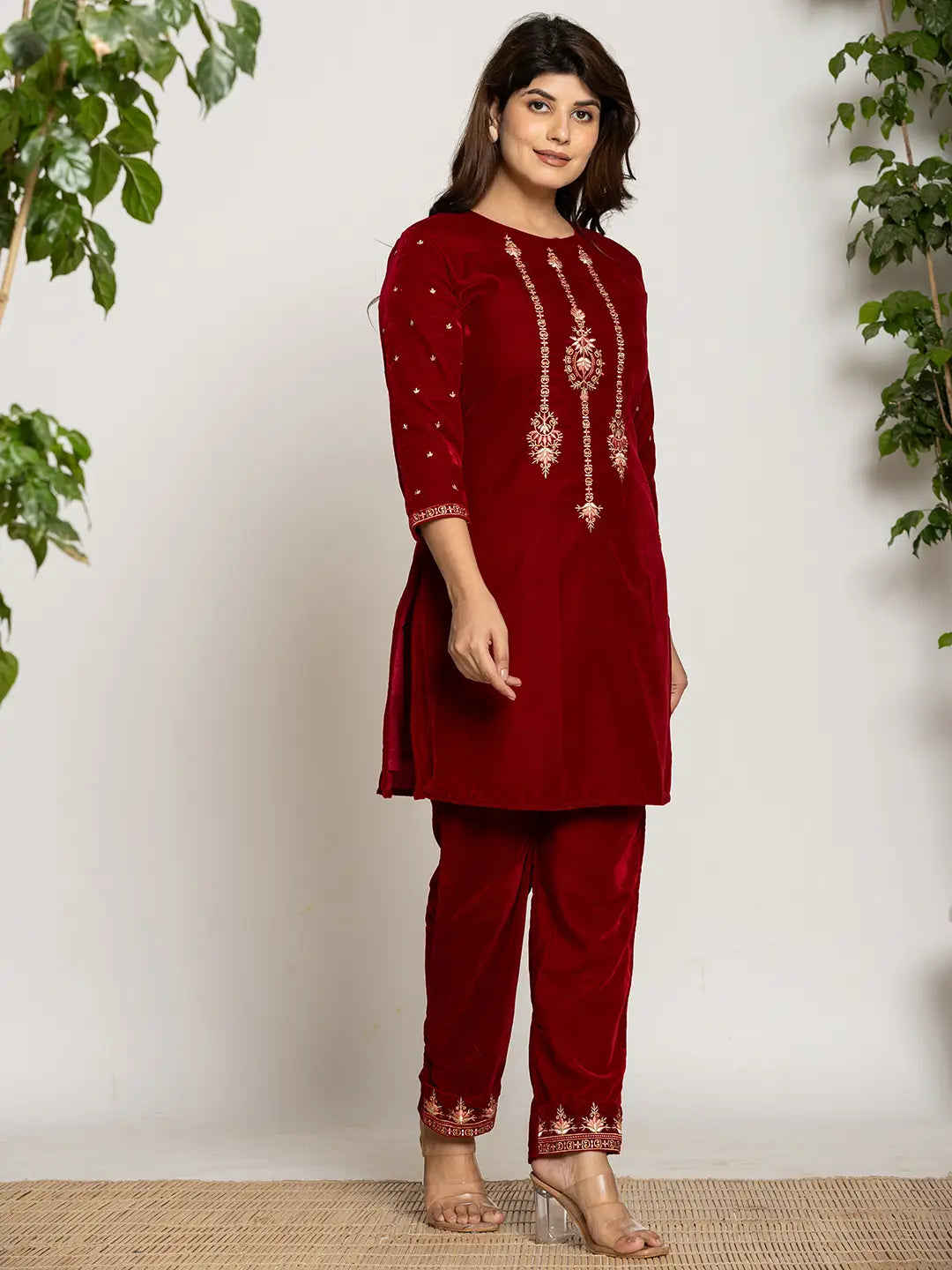 Yufta Maroon Velvet Embroidered Co-Ord Set With Cotton Lining - Distacart