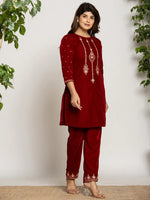 Thumbnail for Yufta Maroon Velvet Embroidered Co-Ord Set With Cotton Lining