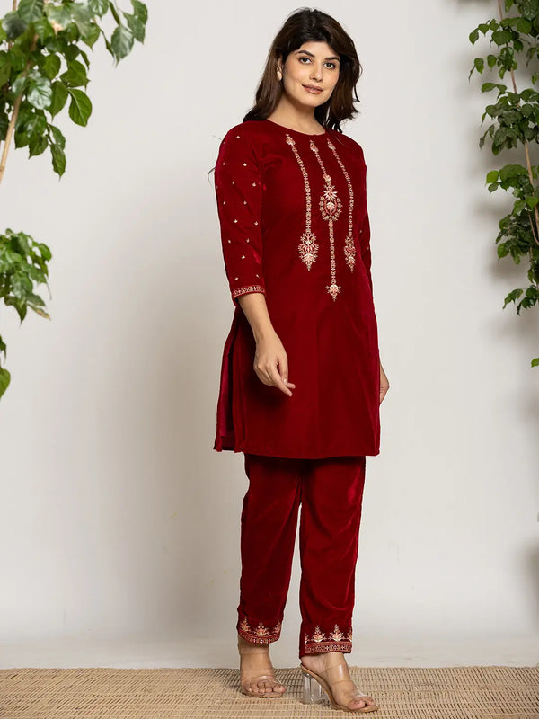 Yufta Maroon Velvet Embroidered Co-Ord Set With Cotton Lining
