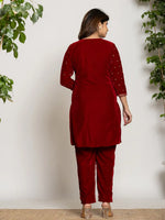 Thumbnail for Yufta Maroon Velvet Embroidered Co-Ord Set With Cotton Lining